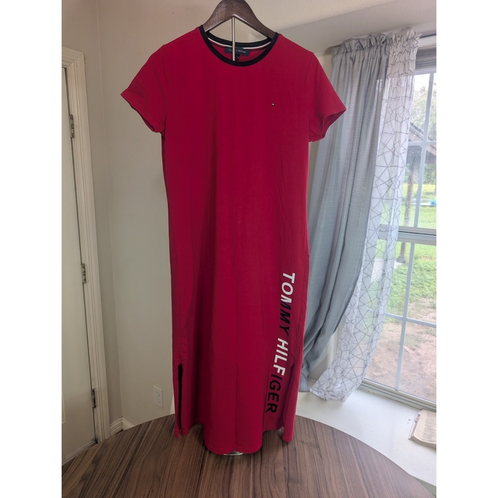 Tommy Hilfiger Women's M Red Maxi T-Shirt Dress Logo Side Slit Short Sleeve